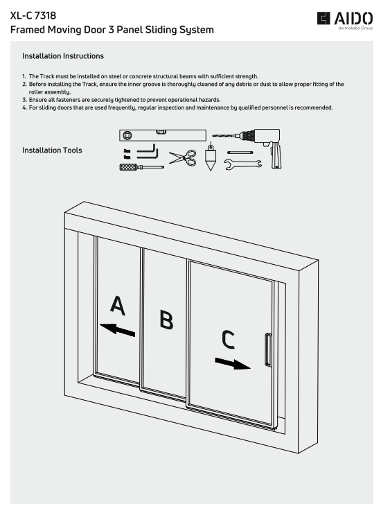 XL-C 7318 Framed Moving Door 3 Panel Sliding System